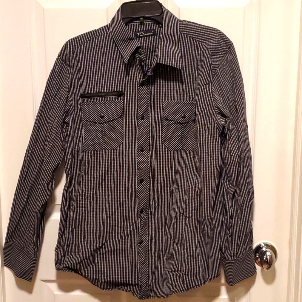 7 Diamonds Men's Black/White Plaid Button Down, Zip Down Long Sleeve - Large